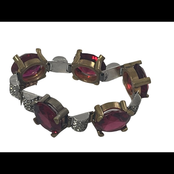 Vintage chunky brass ruby rhinestone crystal bracelet 1940s - Picture 3 of 12